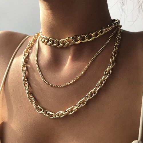 Punk Hip-hop Style Multi-layer Necklace Personality Generous Metal Thick Chain Round Neck Wide Neck Cuban Combination Set