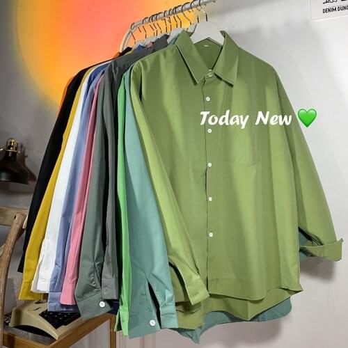 Korean Style Mens 12 Color Long Sleeve Shirts Loose Lapel Collar Solid Color Shirts Uniform Streetwear Camisa Masculina M-5XL
