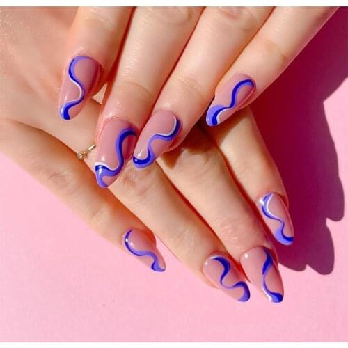 24pcs/Box Almond False Nail with Blue Lines Design Detachable Manicure Patches Press on Nails Wearable Full Cover Fake Nail Tips