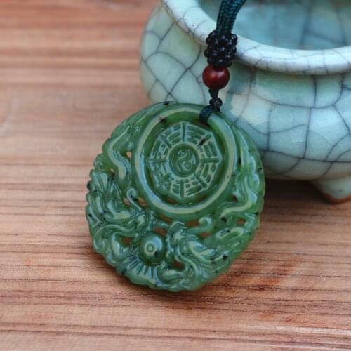 Wholesale Natural Green HETIAN Nephrite two-Sides Hollow Out Chinese Dragon Pendant Necklace women Mens Jewelry / AAAAAAaA