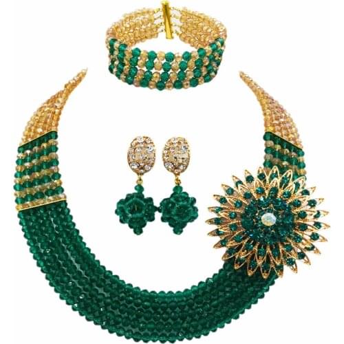 Gold AB Tearl Green Army Green Crystal Beaded Necklace Nigerian Wedding African Beads Jewelry Set for Women Girls 5L-SXJB001