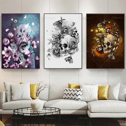 Sakura Poster Dark Art Canvas Creepy Flowers Scary Print Eyeball Rose Skull Memento Mori Dark Art Print Home Decor Unique Gift