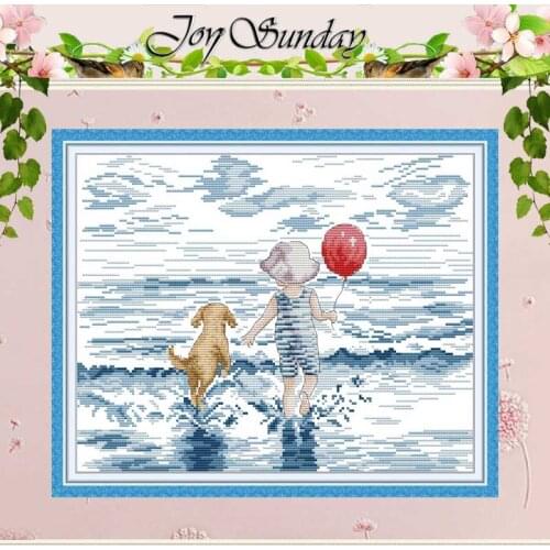 Seaside Boy Dog Patterns Counted Cross Stitch 11CT 14CT Cross Stitch Sets DIY Chinese Cross-stitch Kits Embroidery Needlework