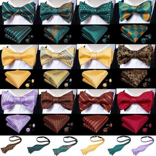 Adjustable Bowties Self Bow Tie Mens Silk Christmas Men Classic Teal Green Wedding Party Bow Ties Hanky Cufflinks Set DiBanGu