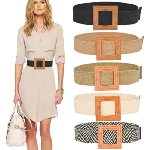 Fashion Design Square Wooden Buckle Dress Belt For Women Casual Braided Wide Strap Woven Elastic PP Straw Belts Decoration Gift