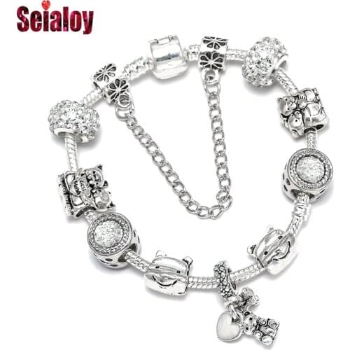 Seialoy Fashion Silver Color Smile Little Bear Beaded Shiny Crystal Charm Bracelets For Men Original Boy Children Jewelry Gift