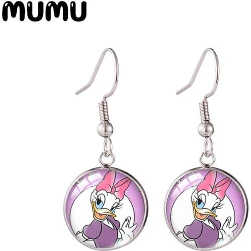 2021 New Donald Duck Fish Hook Earring Daisy Duck Round Jewelry Glass Dome Earrings Gifts Girl