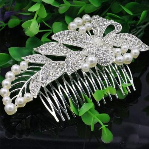 Wedding Bridal Crystal Pearl Hairpin Bow Leaves Shape Hair Comb Fashion Hair Clips Women Headwear Jewelry Accessories Girl Gift