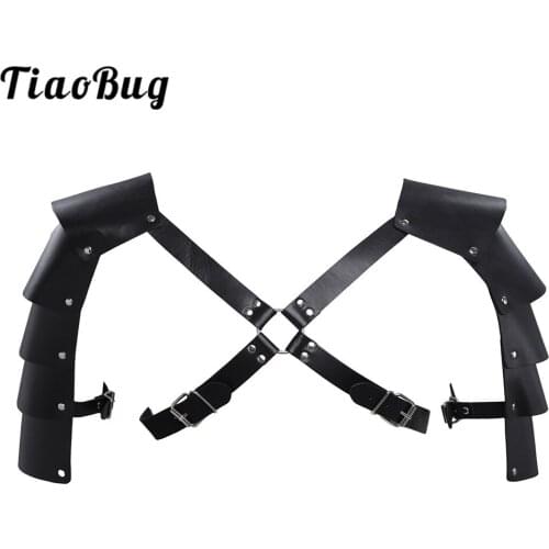 TiaoBug Men Black Faux Leather Adjustable Body Chest Harness with Shoulder Armors Medieval Warrior Cosplay Costume Accessories