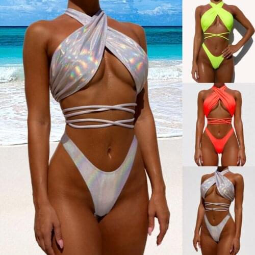 Women Swimwear Luxury Bling Sliver Bikini Set Sexy Women Bathing Swimsuit Halter Push Up Bandage Swimwear Beachwear Bikini Set