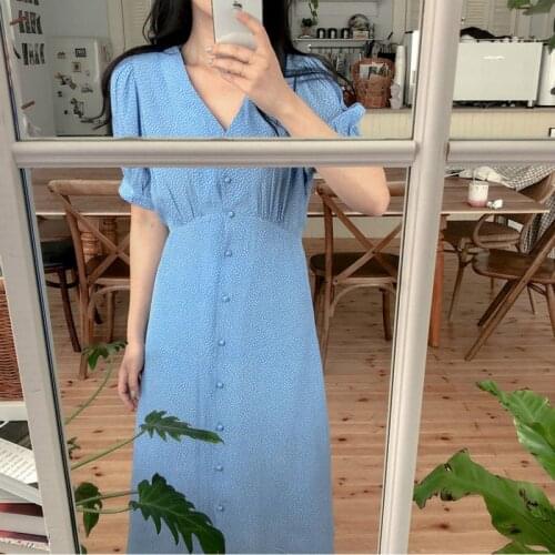 Women Summer Blue Elegant High Waist A-line Long Shirt Dress Bodycon Small Heart Shape Midi Sundress