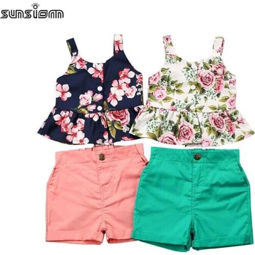 1-6Years Kids Summer Baby Girl Clothes Sets Floral Print Ruffles Vest Tops Shorts Pants Outfits Set 2Pcs