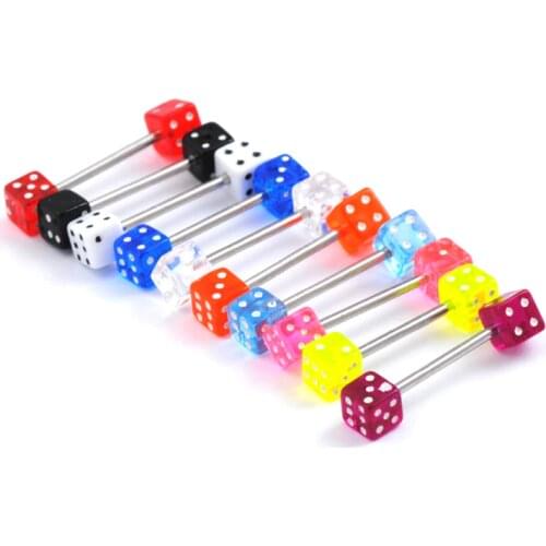 10pcs/Lot Fashion 316L Surgical Steel Acrylic Tongue Piercings Mix Dice Tounge Rings Bars Barbell Tongue Piercing Body Jewelry