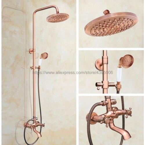 Antique Red Copper 8" Rainfall Shower Head Shower Faucet Mixer Set Dual Handle + Tub Spout + Hand Held Shower Brg516