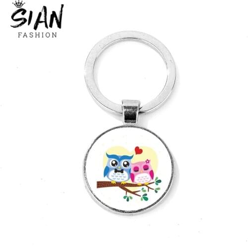 SIAN Super Sweet Cartoon Owl Keychain Couple Birds Art Photo Glass Cabochon Pendant Zinc Alloy Key Chain Women Girls Bag Charms