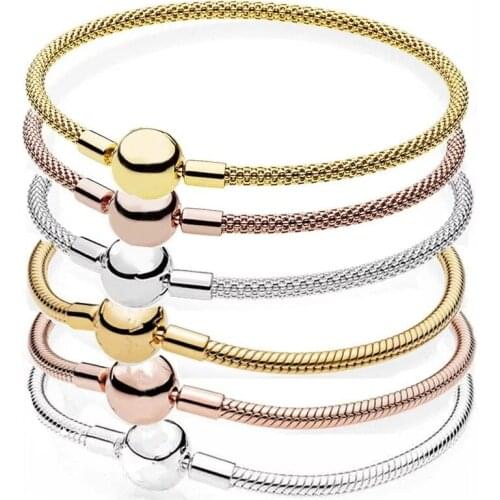Free Shipping 925 Sterling Silver Round Moments Mesh Snake Chain Bracelet Fit Original Charm For Women DIY Jewelry Beads