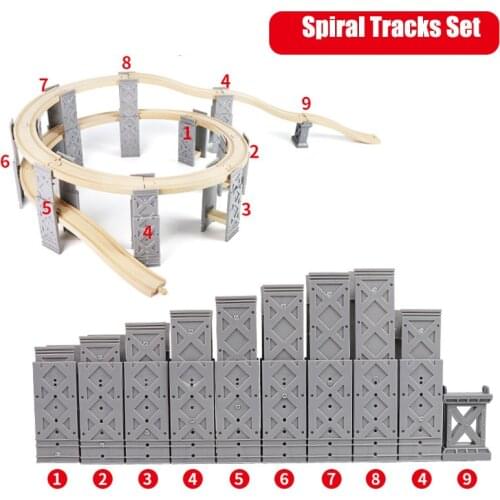 26PCS Wooden Railway Tracks Wood Spiral Tracks with Plastic Bridge Piers Educational Train Track Toys for Children gift