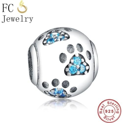 FC Jewelry Fit Original Brand Charm Bracelet 925 Silver BullDog Dog Paw Pave Blue Zircon Bead Making Bear Footprint Berloque
