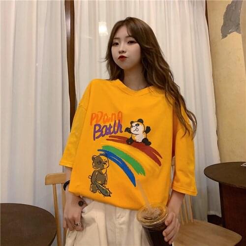 Summer school style rainbow print half-sleeved mid-length loose round neck T-shirt simple and versatile casual women