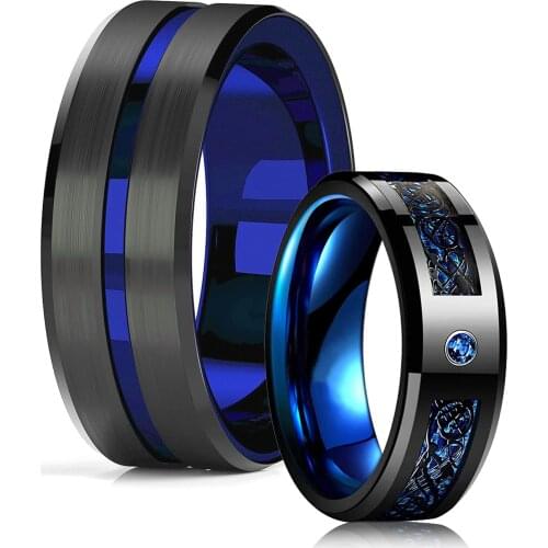 Trendy 8mm Men Blue Groove Beveled Edge Stainless Steel Celtic Dragon Ring Blue Zircon Inlay Blue Carbon Fibre Ring Wedding Band