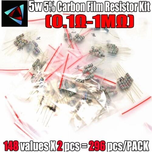 296PCS/LOT 5W resistor package 5% 0.1R-1M 148Values*2=296Pcs Carbon Film Resistor Commonly kits Metal Oxide Film Resistors kit