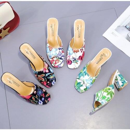 Fashion Printed Womens Slippers Female Sandals Summer Thick-heeled High-heeled Shoes Casual and Comfortable High-heeled Shoes