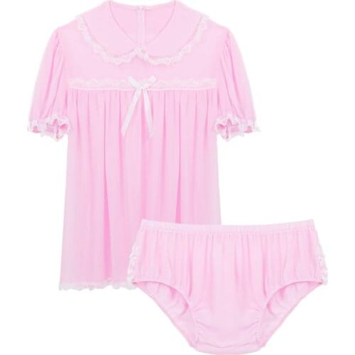 MSemis 2PCS Men Cute Sexy Set Sissy Chiffon Lace Lingerie Outfit Babydoll Set Short Puff Sleeve Frilly Dress Ruffled Sleepwear