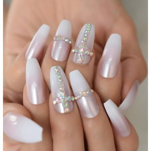 Pearl Pink Press On Nails Super Long Ballerina Thin Gel Nails Rhinestones Nageltips False Fake Ombre Artificial Fingernails