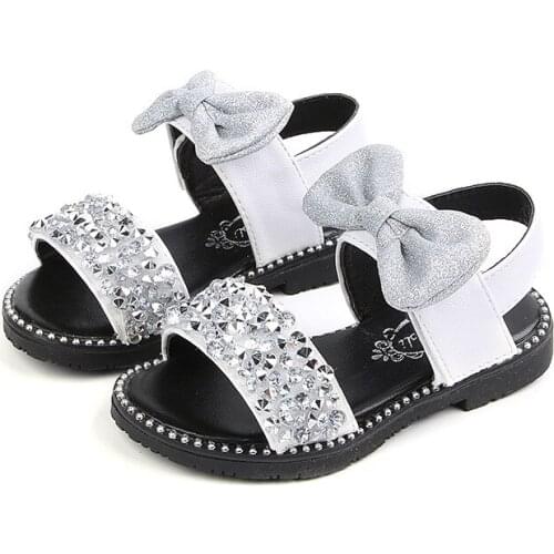New Fashion Rhinestones Big Kids Shoes For Girl Summer Beach Sandals Size 3 4 5 6 7 8 9 10 11 12 Year Children Girls Bow Sandals