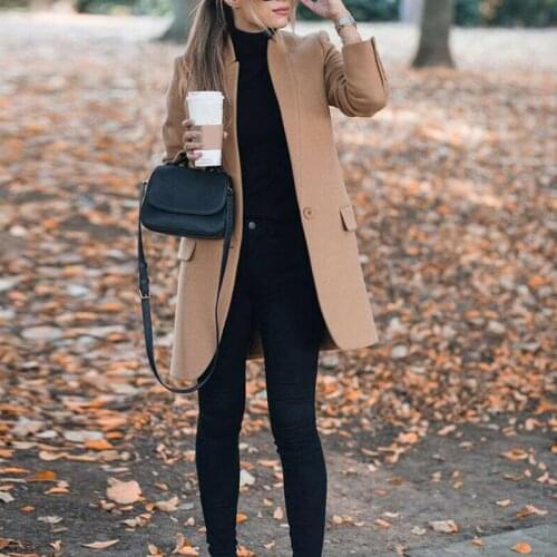 Autumn And Winter New Ladies Stand Collar Slim Woolen Coat Casual Wool Coat Windbreaker Warm Long Coat