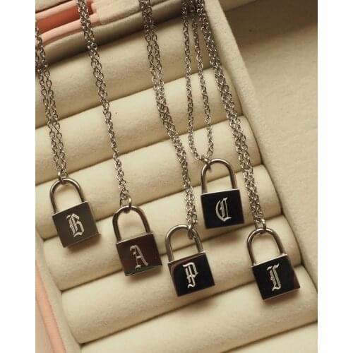 Stainless Steel 18k Gold Plated Mae Old English Personal Silver Lock Necklace 26 Letters Pendant Lock Necklace Trendy Necklace