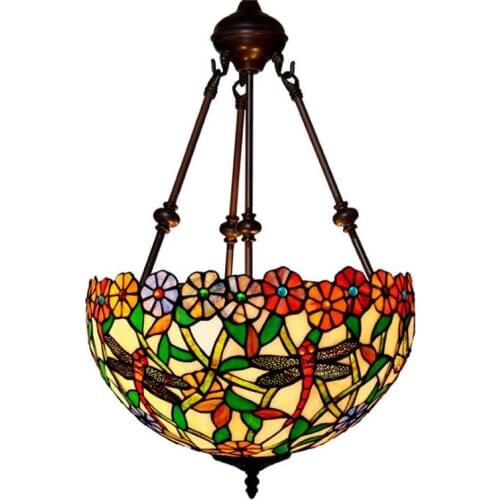 Pastoral Colorful Flowers Dragonfly Tiffany Suspension for Foyer Dining Room Bar Apartment Vintage Glass Pendant Light 1137