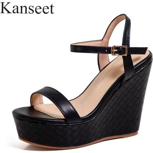 Kanseet Platform Open-Toed Super High Heels Womens Sandals Summer Wedges Genuine Leather Handmade Hot Sale White Women Shoes