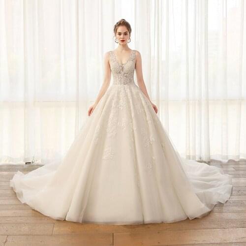 SL-8109 wedding dress 2021 elegant lace appliques real price long tail v neck bridal wedding gowns for bride dress woman