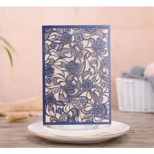50pcs Blue Laser Cut Wedding Invitation Card Lace Flora Elegant Greeting Card for Bridal Shower Birthday Wedding Party Supplies