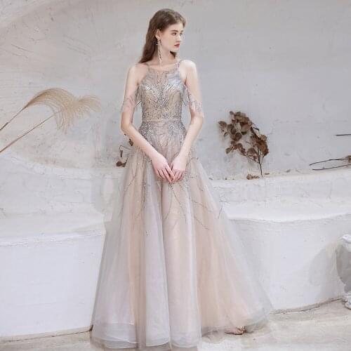 A-Line Evening Prom Dresses Sexy O Neck Spaghetti Straps Backless Sequined Beading Crystal Long Nude Pink 2020 Long Party Gowns