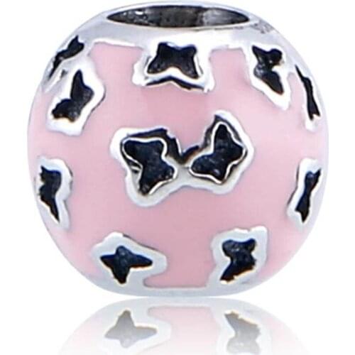 Authentic S925 Bead fit Lady Bracelet Bangle Pink Enamel Cut-out Butterflies Charms For Women DIY Jewelry