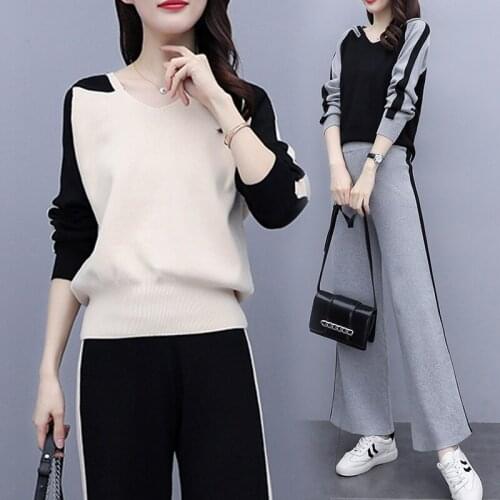 OL Style Womens Sweaters Trouses Two Pieces Set Vintage Block Color Patchwork Hooded Pullover Wide Leg Pants Tracksuit