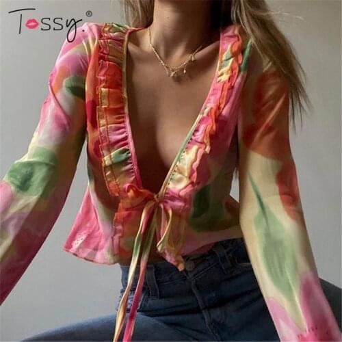 Tossy Fashion Boho Ruffle Blouse See-Through Lace V-Neck Tops For Women Long Sleeve Summer Shirt Party Beach Cropped Top 2021