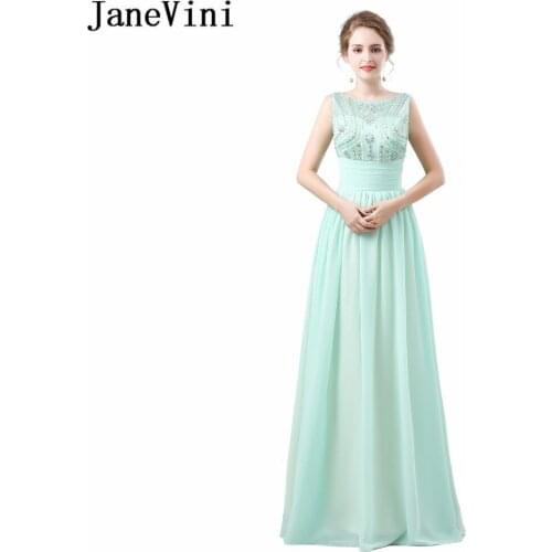 JaneVini Mint Green Long Bridesmaid Dresses Beaded Crystal Big Bow Chiffon Wedding Party Dress Backless Maid of Honor Gowns 2020