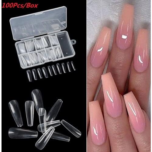 100/120 Pcs/box Full Cover Coffin Fake Nail Artificial Press on Long Ballerina Clear/Natural/white False Nails Art Tips Manicure