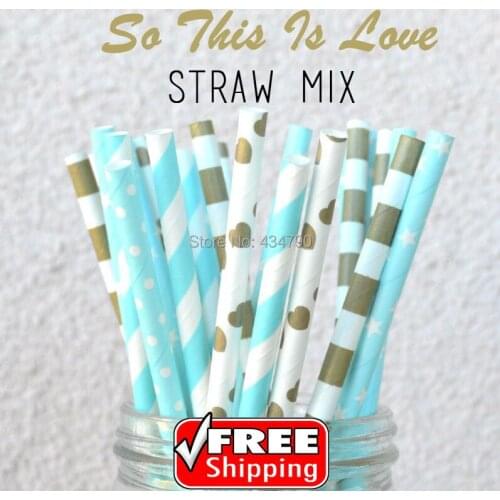 250pcs Mixed 5 Designs So This is Love Themed Paper Straws - Blue Gold,Striped,Heart,Dot,Sailor Stripe,Star,Wedding Birthday