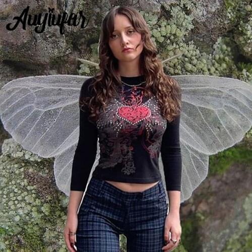 Auyiufar Fairy Grunge Rhinestone Heart Print T-shirt Vintage Slim Cropped Y2k Round Neck Top Goblincore Fall Women Fashion Tees