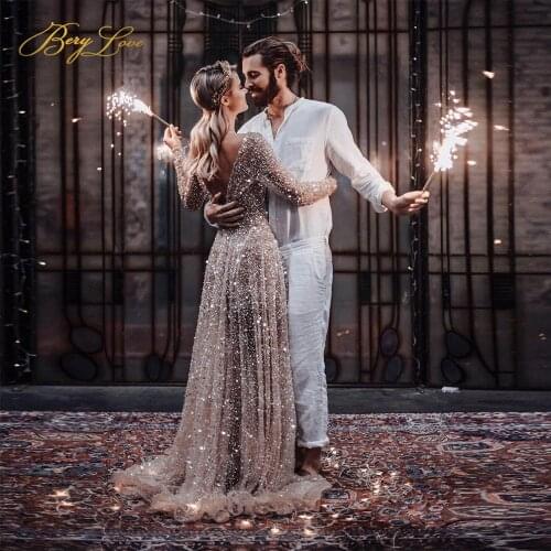 A Line Wedding Dresses Long Sleeve Glitter Sequin Side Slit Beach Dress V Back Shiny Wedding Gown Transparent Bridal Dresses