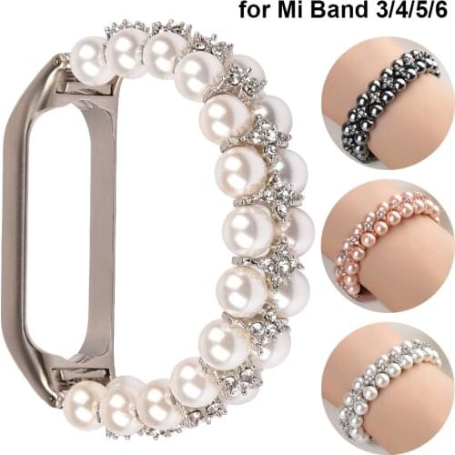 Girl Bracelet for Xiaomi Mi Band 6 Bands Wristband Elastic Wristband Strap for Mi Band 3/4/5 Jewelry Pearl Dressy Band Bling