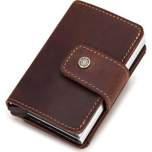 Genuine Leather High Quality RFID Blocking Hasp Card Holder Auto Aluminium Box for ID Card Bank Card Coin Purse Male Casual