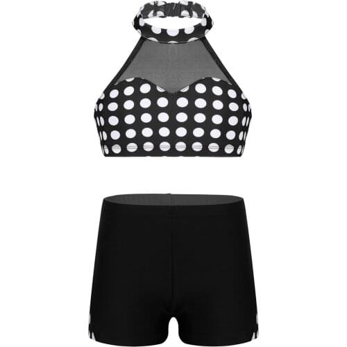 Kids Halter Polka Dots Mesh Splice Ballet Dancewear Gymnastics Shorts with Crop Tops Set Girls Workout Stage Performance Costume