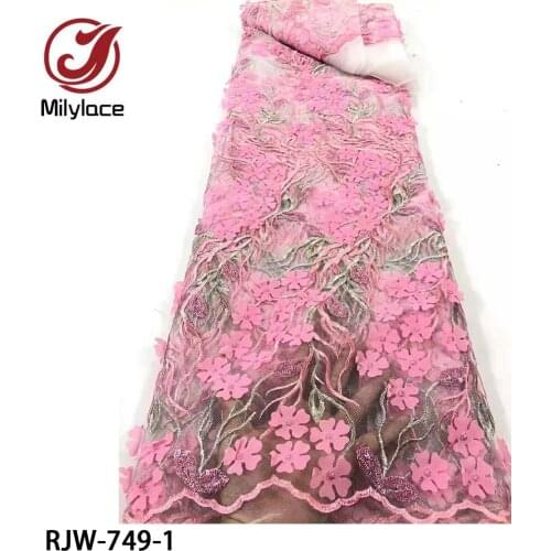 French Tulle Lace Fabrics 3D Flowersr Embroidery Lace Fabrics with Sequins Mesh Lace Fabrics 5 Yards for Wedding RJW-749