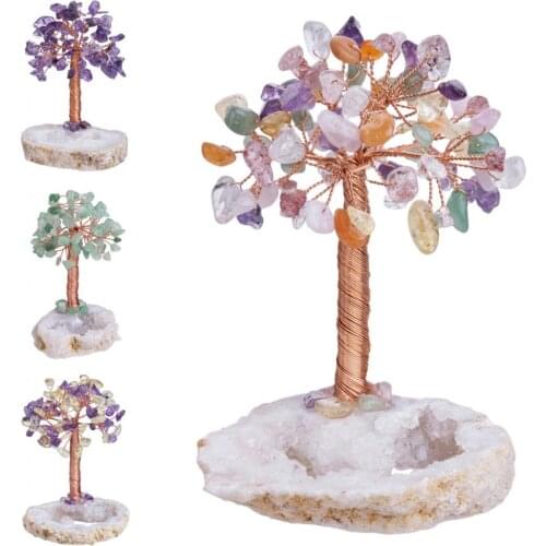 TUMBEELLUWA Handmade Crystal Tree,Natural Crystal Geode Drusy Slices Base Bonsai Money Tree,Lucky Wealth Fengshui Figurine Decor