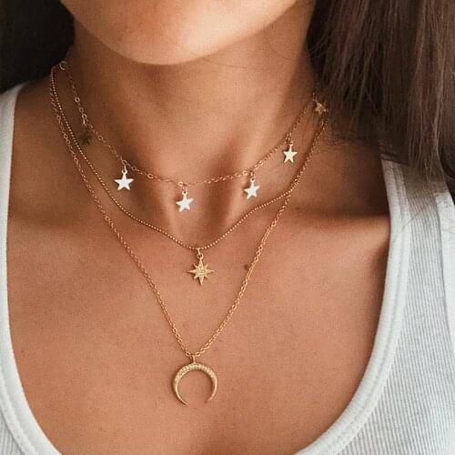 Trendy Bohemian Multi Layered Necklace for Women Vintage Star Sequins Moon Pendant Necklace Geometric Collier Collares